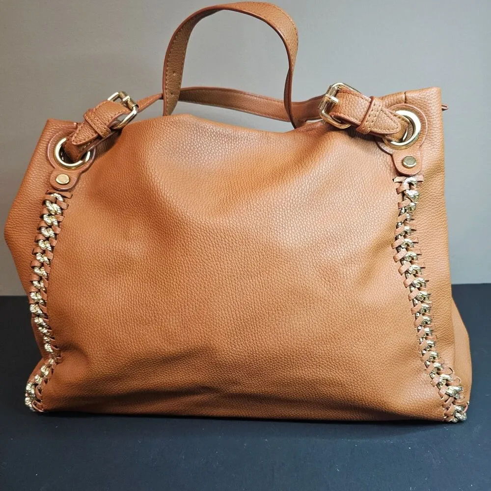 Anthropologie Melie Bianco Vegan Leather Camel Hobo Purse Handles Gold 11 x 16